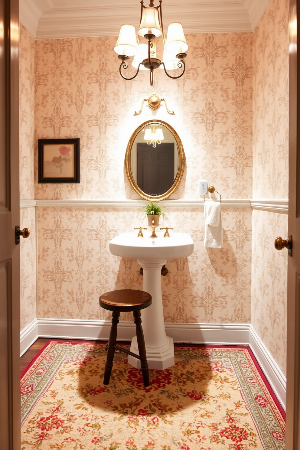 A vintage powder room featuring a beautifully patterned vintage rug that adds warmth and character to the space. The walls are adorned with soft pastel wallpaper, and a classic pedestal sink is complemented by antique brass fixtures. The room is illuminated by a stylish chandelier that casts a warm glow over the intricate details. A small wooden stool is placed beside the sink, topped with a decorative plant for a touch of greenery.