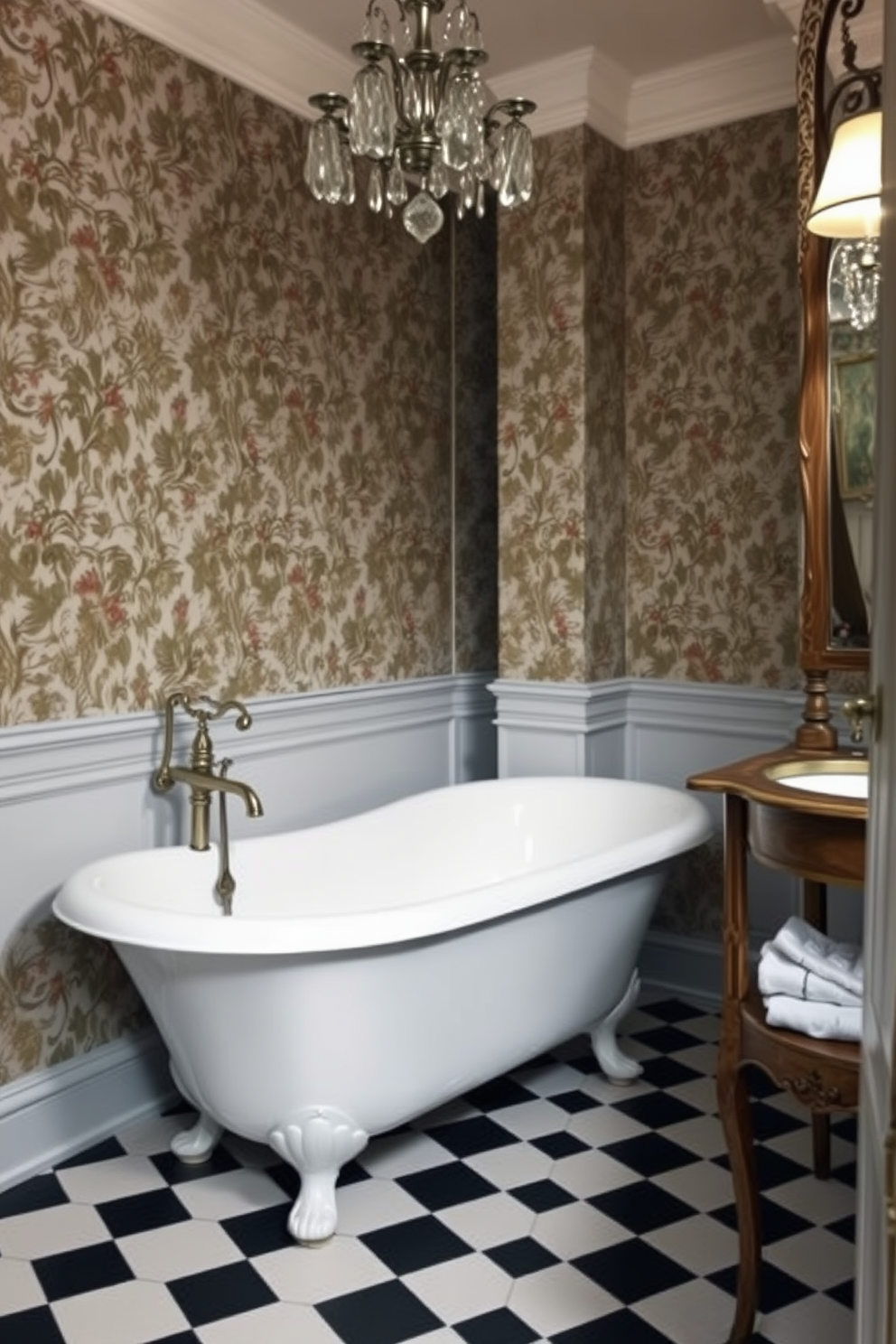 Antique clawfoot bathtub in the corner of a vintage powder room. The walls are adorned with intricate wallpaper featuring floral patterns, and the floor is covered with classic black and white checkered tiles. A vintage wooden vanity with an ornate mirror above it complements the bathtub. Soft, ambient lighting from a crystal chandelier creates an inviting atmosphere.