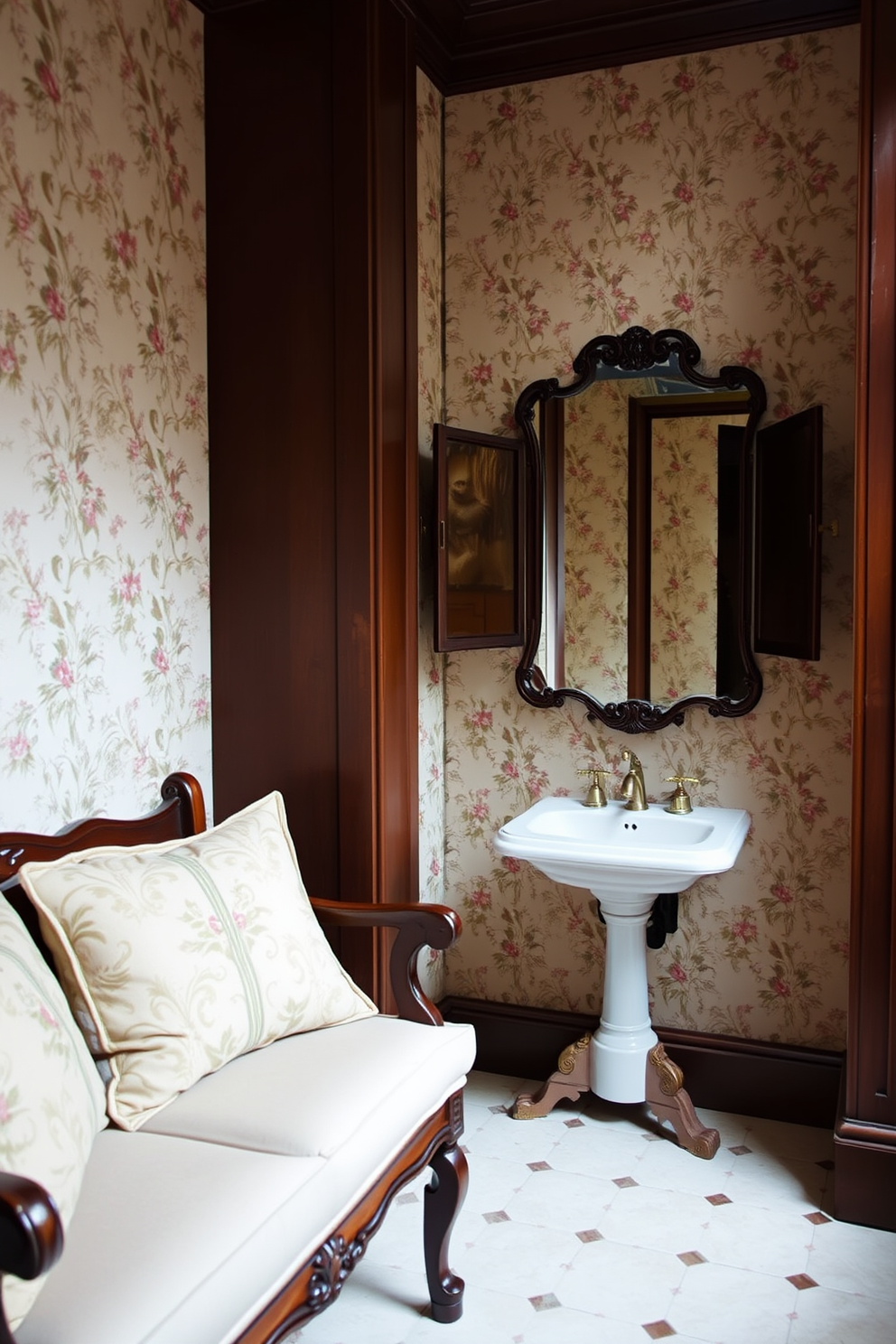 An old-fashioned stool is placed in a cozy seating area, featuring intricate woodwork and a rich, dark finish. The stool is complemented by soft, patterned cushions that add a touch of comfort and elegance. In the vintage powder room, delicate wallpaper with floral motifs adorns the walls, creating a charming atmosphere. A classic pedestal sink rests against the wall, paired with a vintage-style mirror that enhances the room's nostalgic appeal.