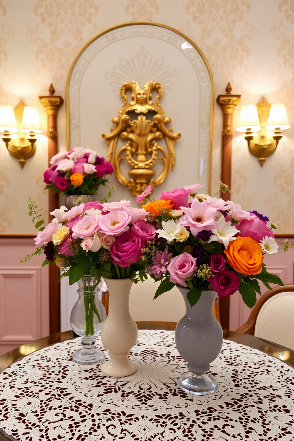 Floral arrangements in vintage vases are artfully displayed on a delicate lace tablecloth. The room features a charming powder room with soft pastel walls and ornate gold fixtures. The vintage vases are filled with an array of colorful blooms, creating a vibrant focal point. Elegant sconces illuminate the space, casting a warm glow over the intricate wallpaper and polished wooden accents.