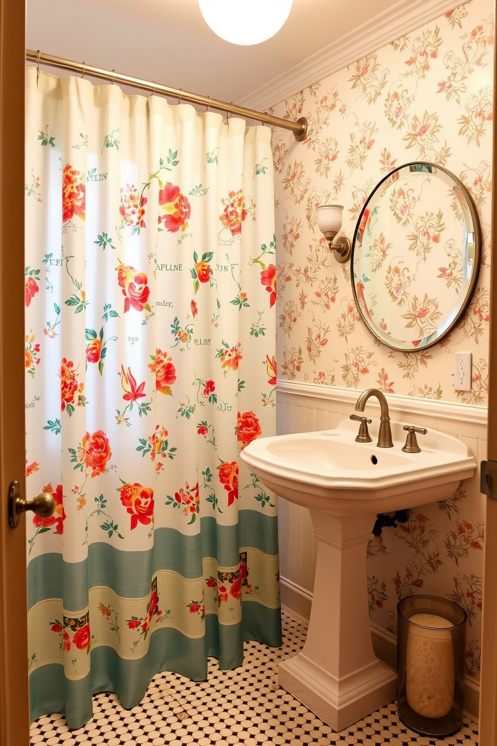 A retro-style shower curtain with colorful prints hangs gracefully in a charming powder room. The walls are adorned with delicate floral wallpaper, and a vintage pedestal sink adds a touch of classic elegance.