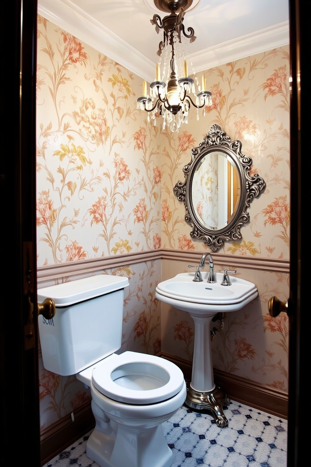 A classic porcelain toilet in white is the centerpiece of this vintage powder room. The walls are adorned with intricate wallpaper featuring floral patterns, and a small antique chandelier hangs from the ceiling, casting a warm glow. A beautiful pedestal sink with a polished chrome faucet complements the toilet. A decorative mirror with an ornate frame is mounted above the sink, adding elegance to the space.