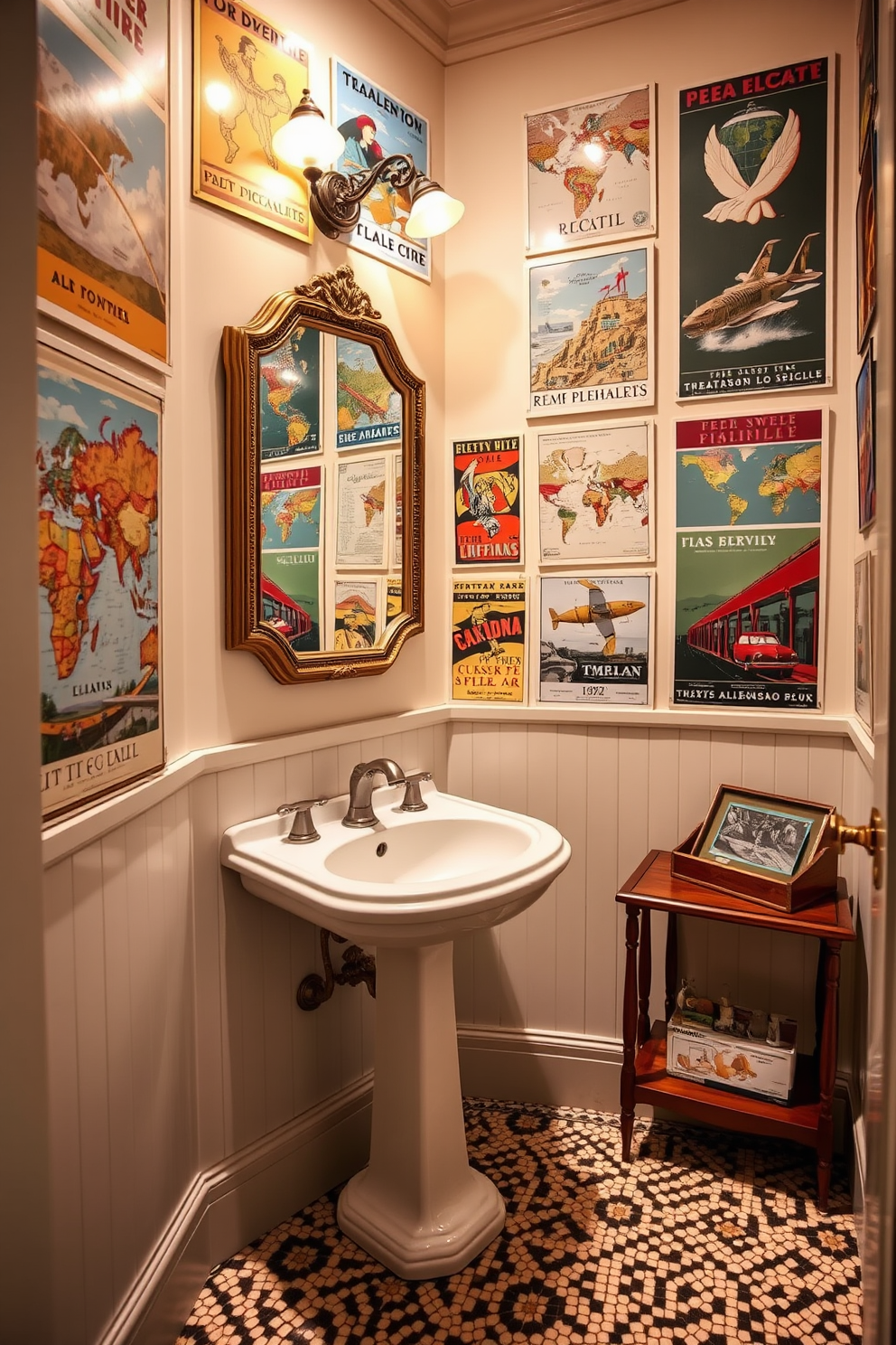 A charming vintage powder room adorned with eclectic travel posters that evoke a sense of adventure. The walls are painted in a soft pastel hue, complemented by a classic pedestal sink and a gold-framed mirror. The floor features intricate mosaic tiles that add character to the space. A small wooden shelf displays vintage travel memorabilia, creating a warm and inviting atmosphere.