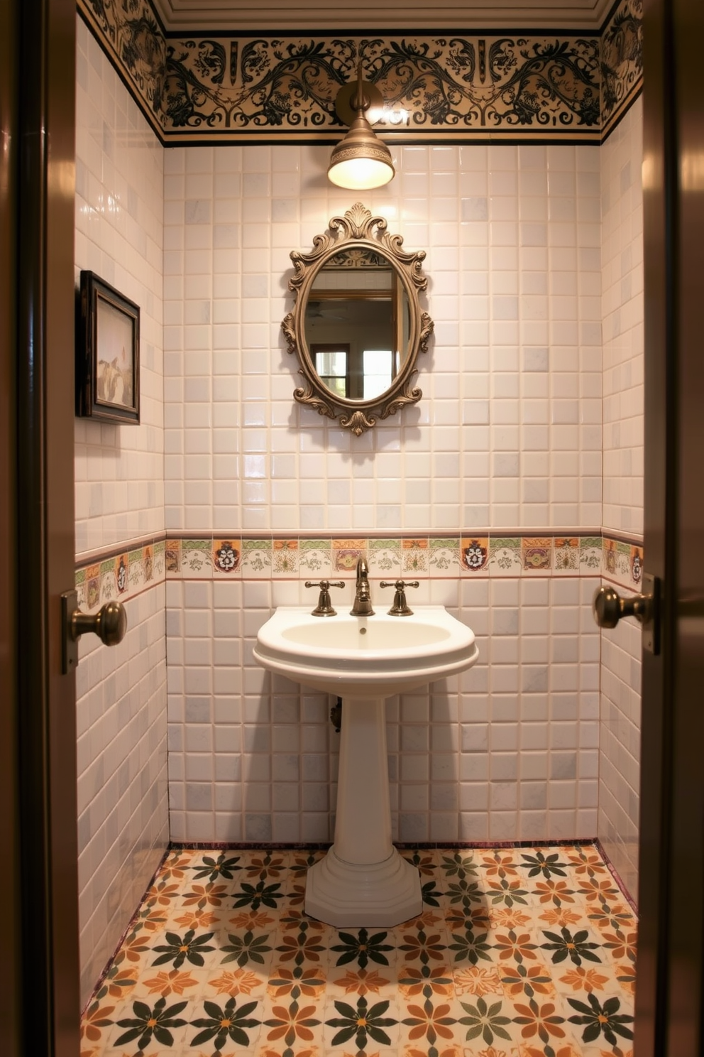 A vintage powder room features decorative ceramic tiles that add character and charm to the space. The tiles are arranged in a captivating pattern, creating a focal point on the walls and floor. The sink is a classic pedestal style, accompanied by a vintage mirror with an ornate frame. Soft lighting illuminates the room, enhancing the warm tones of the ceramic tiles and creating an inviting atmosphere.