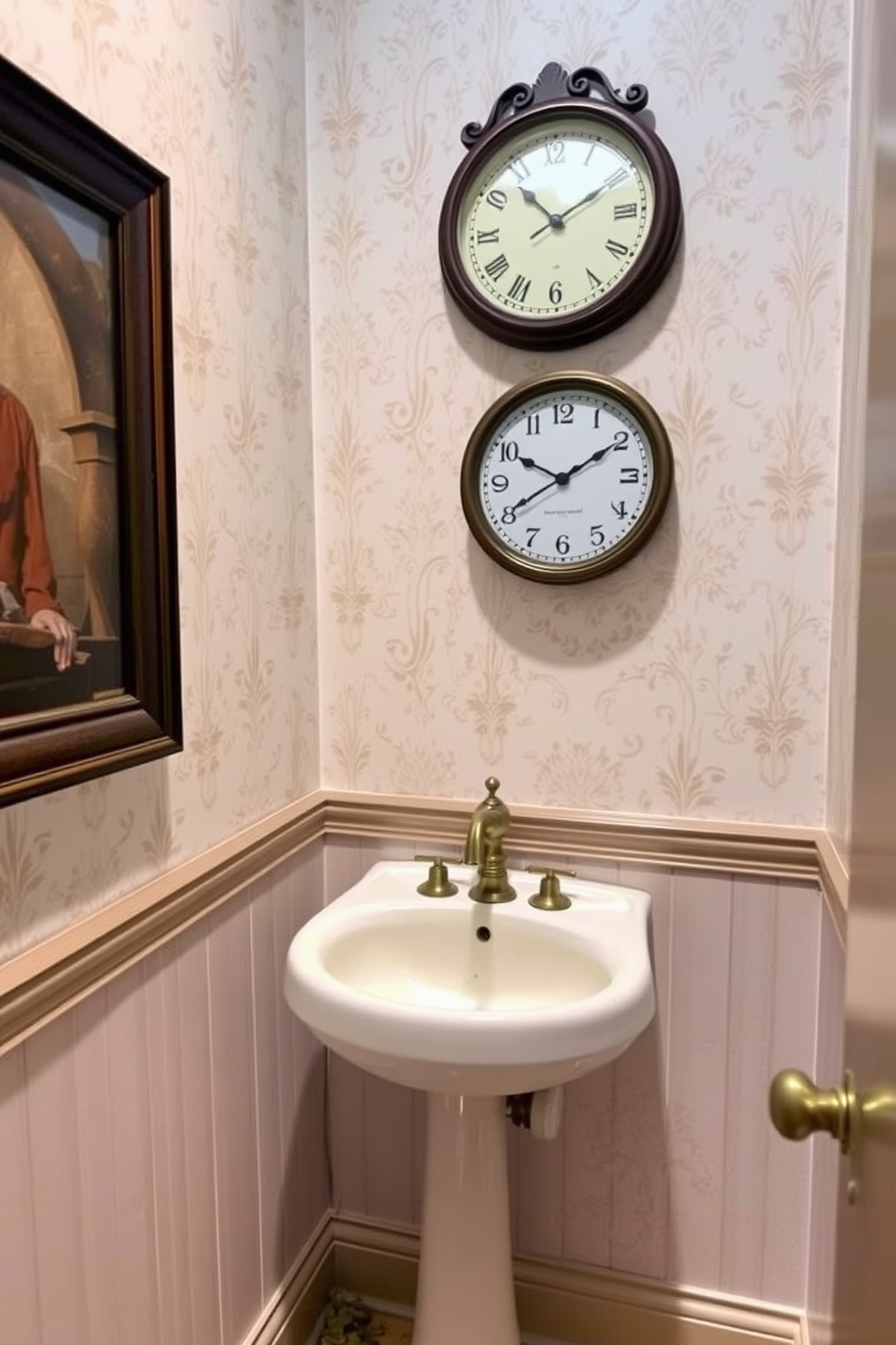 A vintage powder room featuring an old-fashioned clock on the wall, adding a nostalgic touch to the space. The room is adorned with soft pastel wallpaper and a classic pedestal sink complemented by a brass faucet.