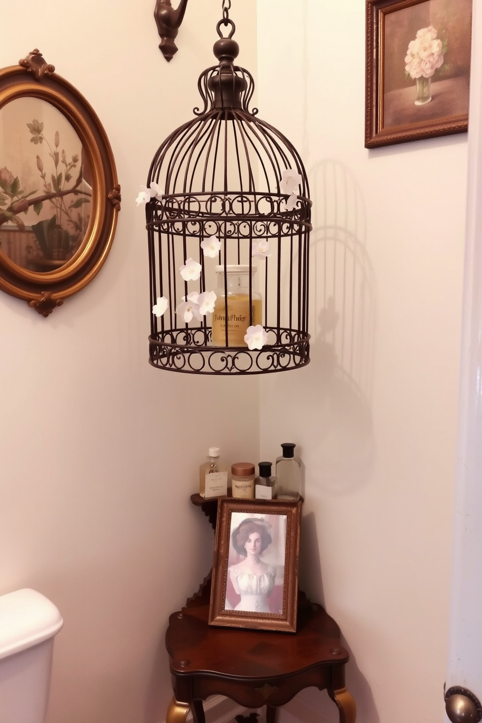 A charming birdcage hangs elegantly in the corner of a vintage powder room. It features intricate metalwork and is adorned with delicate faux flowers for added decorative appeal. The walls are painted in a soft pastel hue that complements the vintage decor. A small antique table sits beneath the birdcage, displaying a collection of vintage perfume bottles and a framed mirror.