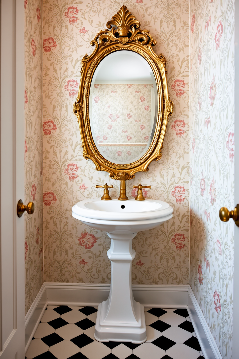 Chic pedestal sink with gold fixtures. The walls are adorned with intricate wallpaper featuring a floral pattern in soft pastels, creating a warm and inviting atmosphere. A vintage-style mirror with an ornate gold frame hangs above the sink, reflecting the elegance of the space. The floor is covered in classic black and white checkered tiles, adding a timeless touch to the powder room.