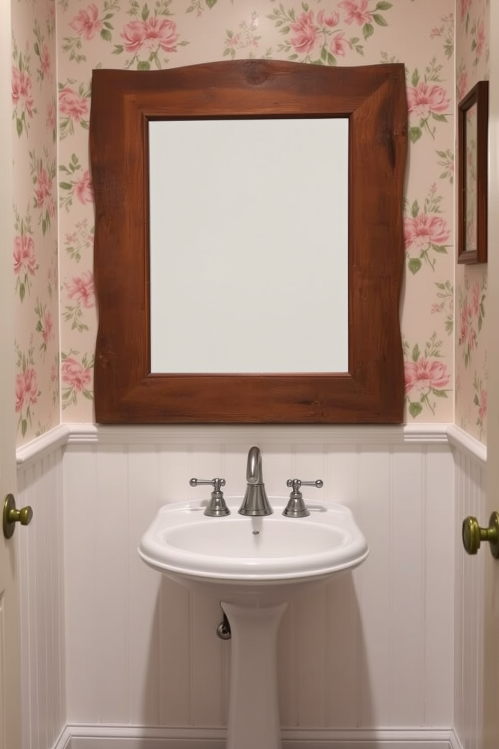 A rustic wooden mirror frame adds character to the vintage powder room. The walls are adorned with floral wallpaper in soft pastel colors, and a small pedestal sink complements the charming aesthetic.