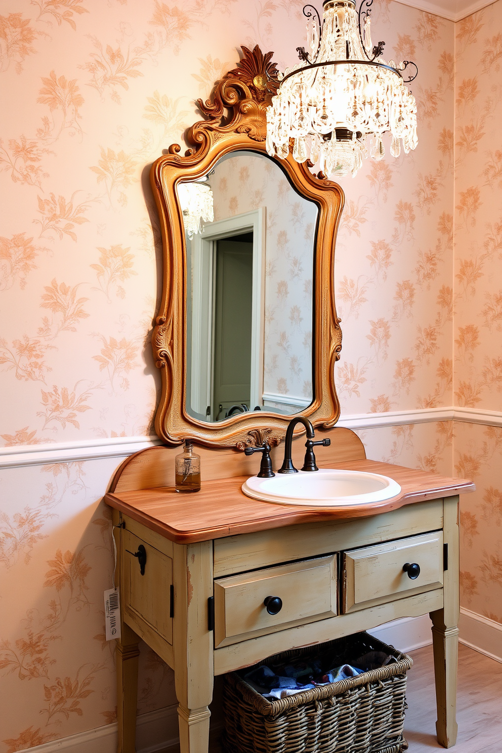 A rustic wooden vanity with a distressed finish sits against the wall, showcasing its natural imperfections and character. Above the vanity, an ornate vintage mirror reflects the warm light from a delicate chandelier hanging from the ceiling. The walls are adorned with soft pastel wallpaper featuring floral patterns, creating a charming and inviting atmosphere. A vintage-style sink with elegant fixtures complements the overall design, while a woven basket below the vanity adds a touch of practicality.