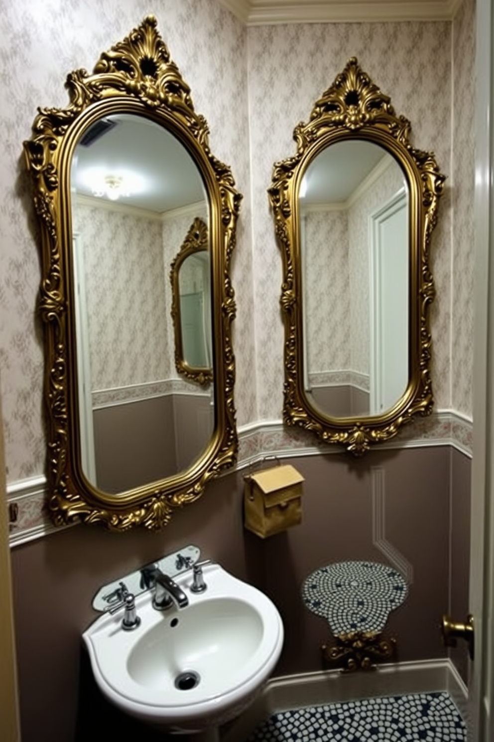 A charming vintage powder room featuring framed vintage mirrors with ornate designs that reflect the elegance of the space. The walls are adorned with soft pastel wallpaper, and the floor is covered in intricate mosaic tiles that complement the mirrors beautifully.