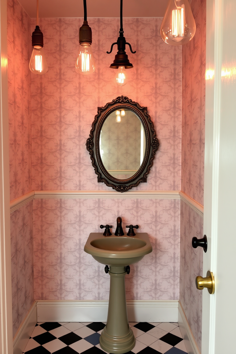 A vintage powder room featuring retro light fixtures with Edison bulbs that cast a warm, inviting glow. The walls are adorned with patterned wallpaper in soft pastel colors, and a small pedestal sink adds a classic touch. A stylish mirror with an ornate frame hangs above the sink, reflecting the charming decor of the space. The floor is covered in black and white checkerboard tiles, enhancing the nostalgic atmosphere of the room.