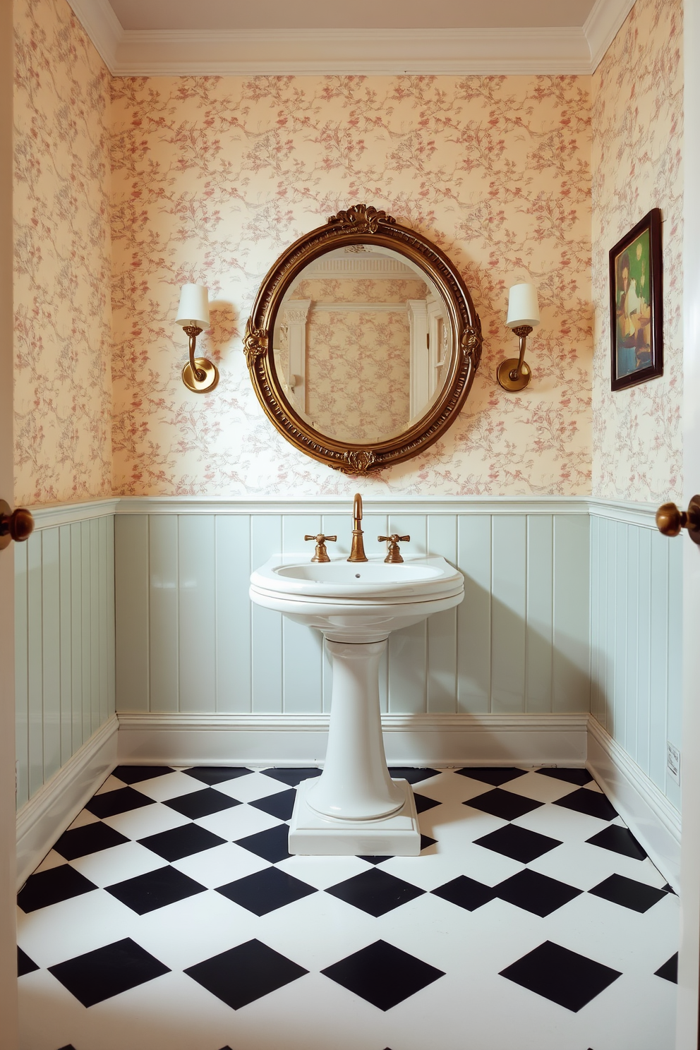 A vintage-inspired powder room features checkerboard tile flooring in black and white. The walls are adorned with soft pastel wallpaper, creating a charming and inviting atmosphere. A classic pedestal sink sits in the center, complemented by antique brass fixtures. A large round mirror with an ornate frame hangs above the sink, reflecting the room's warm ambiance.