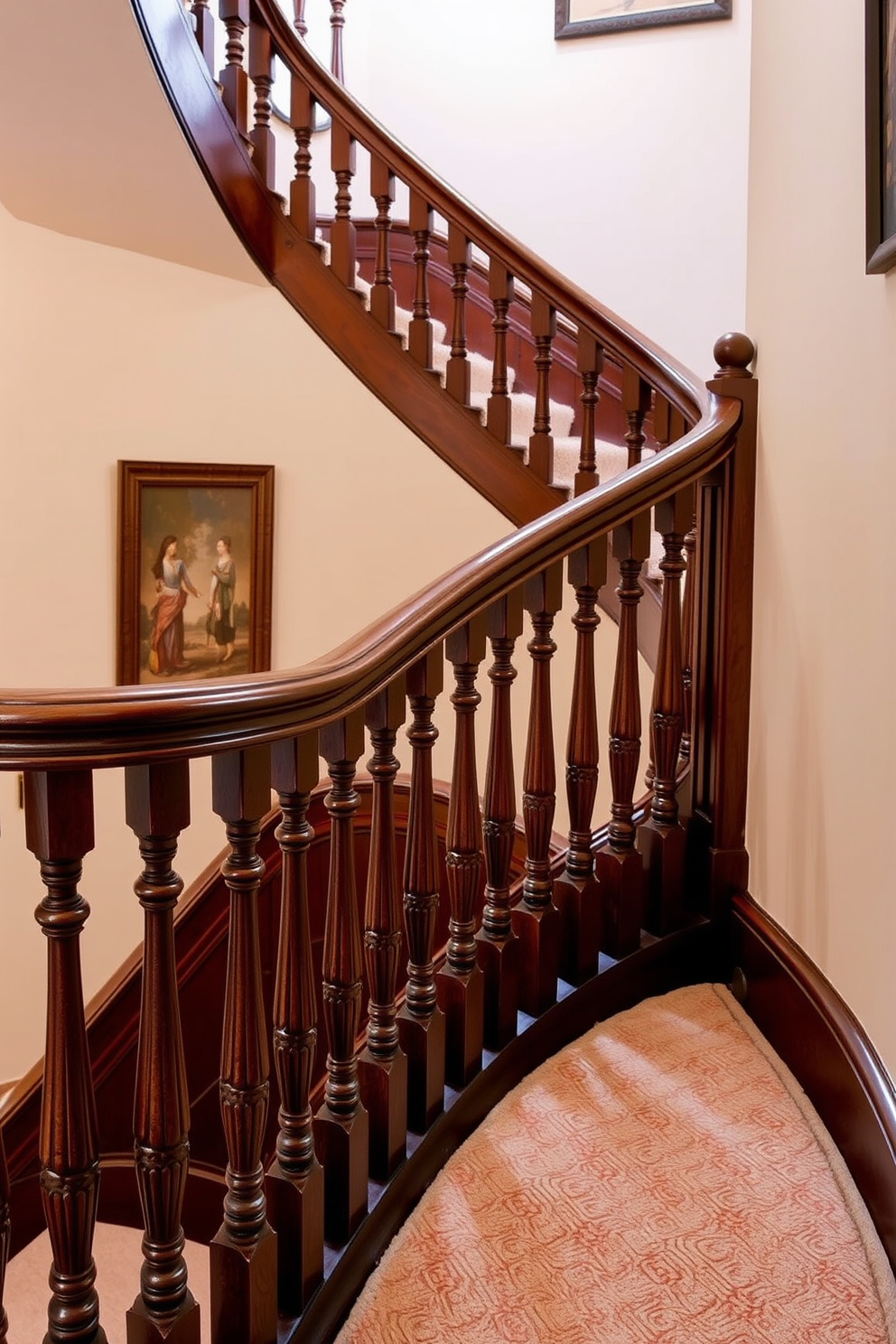 A vintage staircase featuring intricately designed wood balusters that showcase decorative details. The balusters are complemented by a rich wooden handrail that curves gracefully along the staircase. The staircase is adorned with a plush runner that adds warmth and texture to the vintage aesthetic. Soft lighting illuminates the staircase, highlighting the craftsmanship of the wood and creating an inviting atmosphere.