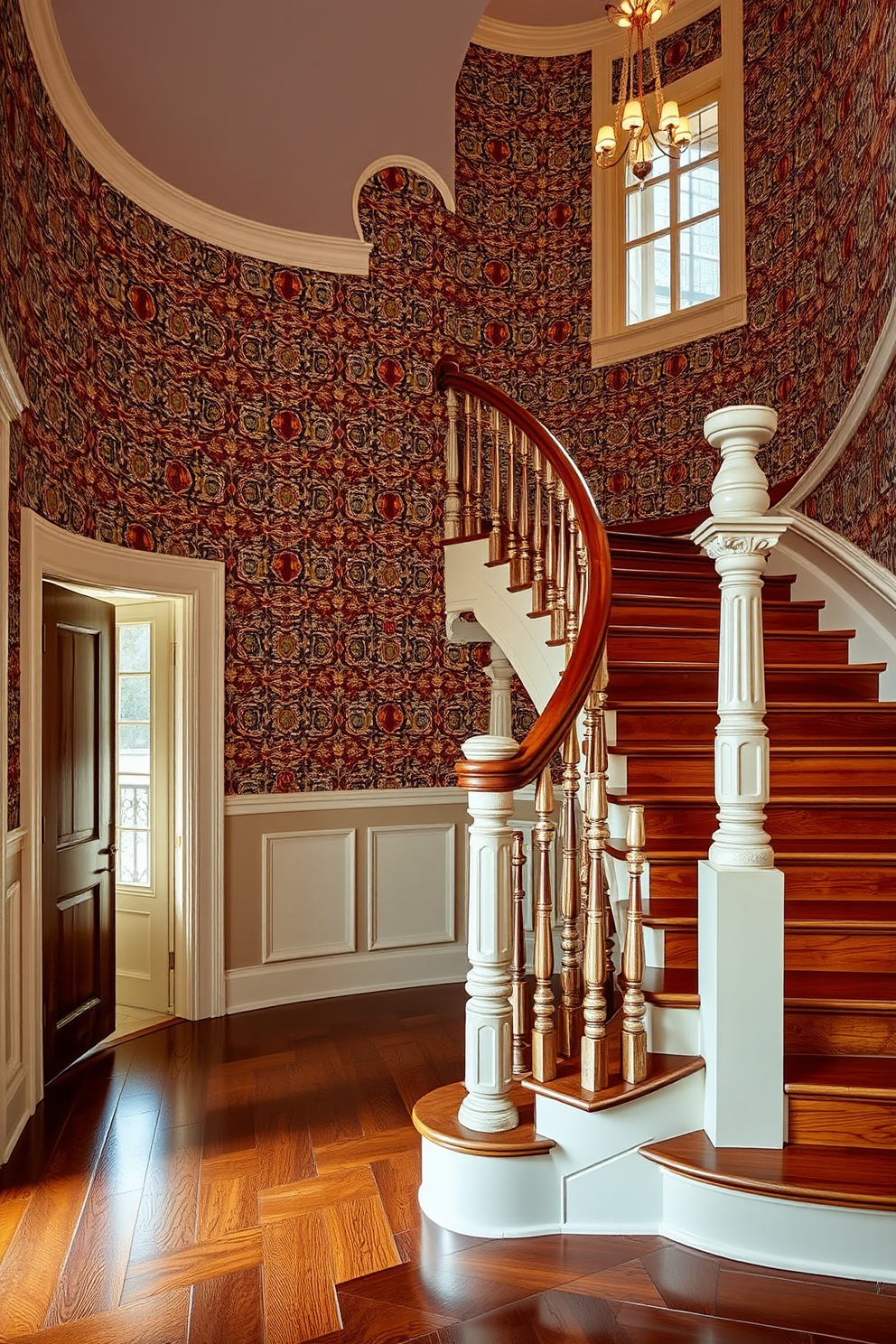 A stunning entryway features geometric patterned wallpaper that adds a modern touch to the space. The wallpaper showcases a blend of bold colors and intricate shapes, creating an eye-catching backdrop. The vintage staircase is elegantly designed with ornate railings and rich wooden steps that tell a story of craftsmanship. Soft lighting highlights the staircase's curves, enhancing its classic charm and inviting warmth.