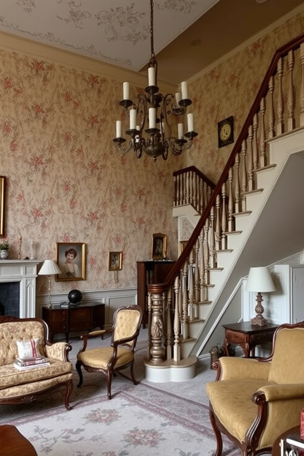 A cozy living room adorned with vintage-inspired wallpaper featuring delicate floral prints. The wallpaper adds a touch of warmth and nostalgia, complementing the antique furniture pieces scattered throughout the space. An elegant staircase design featuring vintage elements such as ornate wooden railings and intricately carved balusters. The staircase is illuminated by a classic chandelier, creating a stunning focal point that enhances the charm of the home.