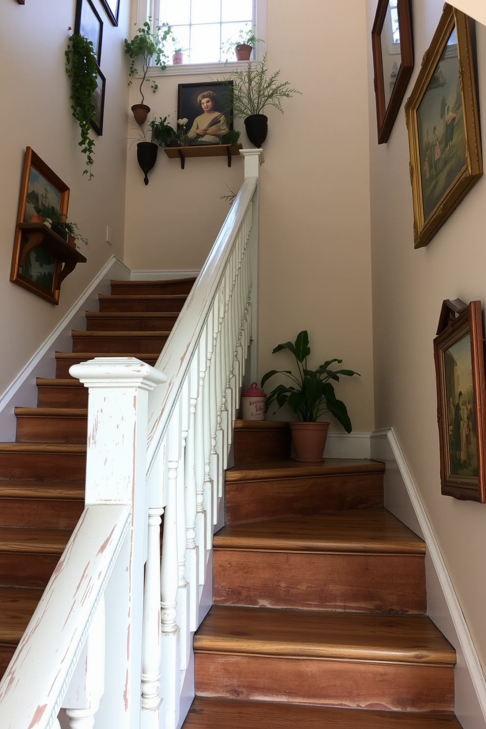 A vintage staircase with a chippy paint finish on the railing showcases a charming rustic appeal. The stairs are adorned with worn wooden treads that add character, and the surrounding walls feature soft pastel colors to enhance the nostalgic atmosphere. The railing, with its distressed paint, creates a beautiful contrast against the polished wood of the staircase. Decorative elements like potted plants and vintage artwork line the walls, completing the inviting ambiance of the space.