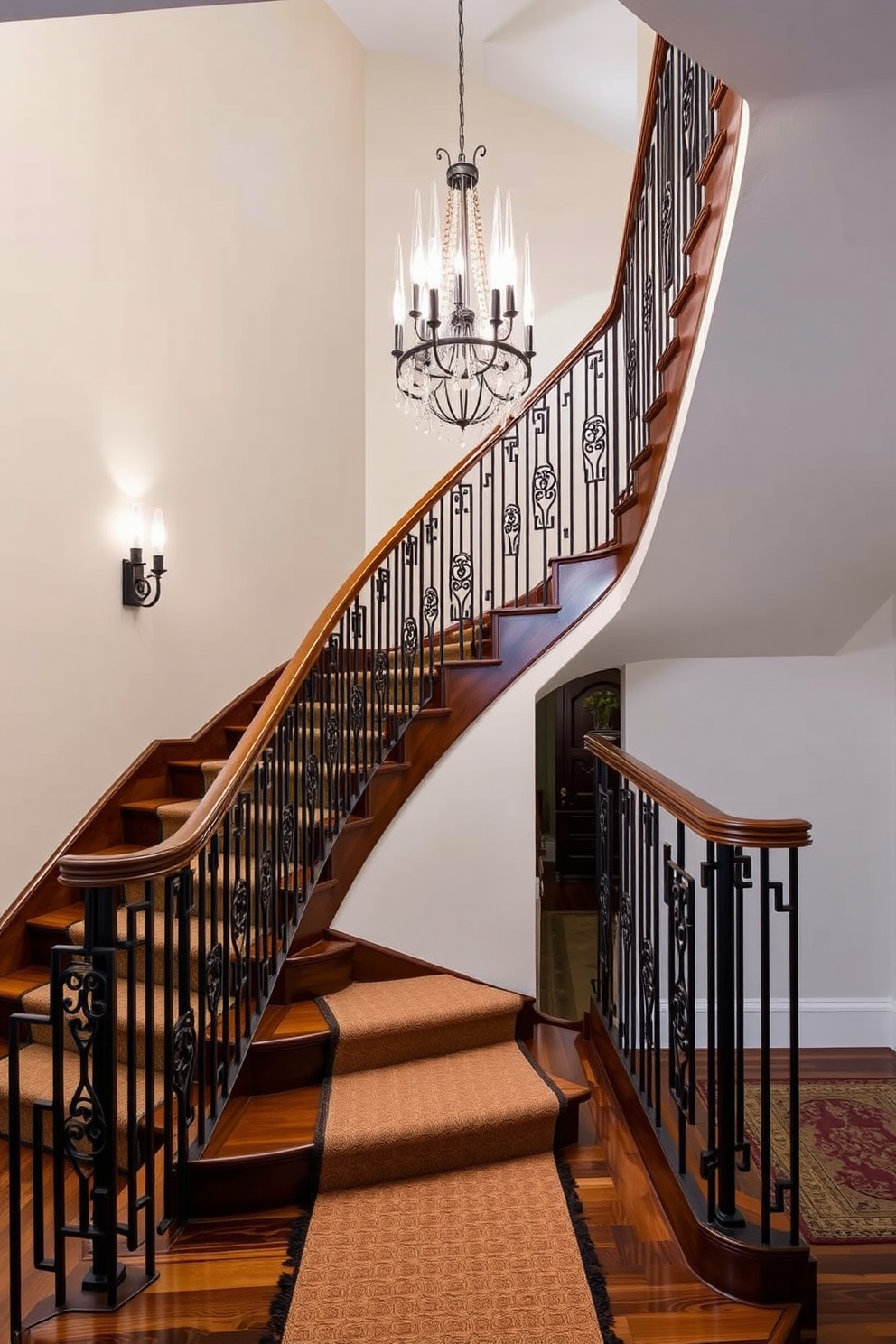 Art deco style staircase with bold lines featuring a sleek metal railing and geometric patterns. The staircase is adorned with rich wood finishes and a statement chandelier hanging above, creating a dramatic focal point in the entryway. Vintage staircase design ideas showcasing intricate wrought iron balusters and a polished wooden handrail. The steps are covered in a classic runner, while vintage wall sconces illuminate the space, enhancing the charm of the design.