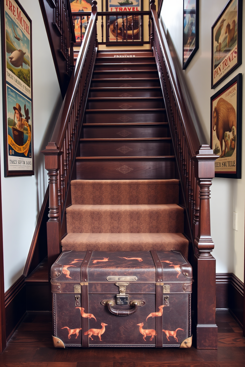 A vintage travel trunk serves as a unique accent at the base of a beautifully designed staircase. The staircase features ornate wooden railings and rich, dark wood steps that complement the trunk's weathered leather and brass details. The walls surrounding the staircase are adorned with vintage travel posters that evoke a sense of adventure and nostalgia. Soft, warm lighting highlights the trunk and staircase, creating an inviting atmosphere that invites exploration.