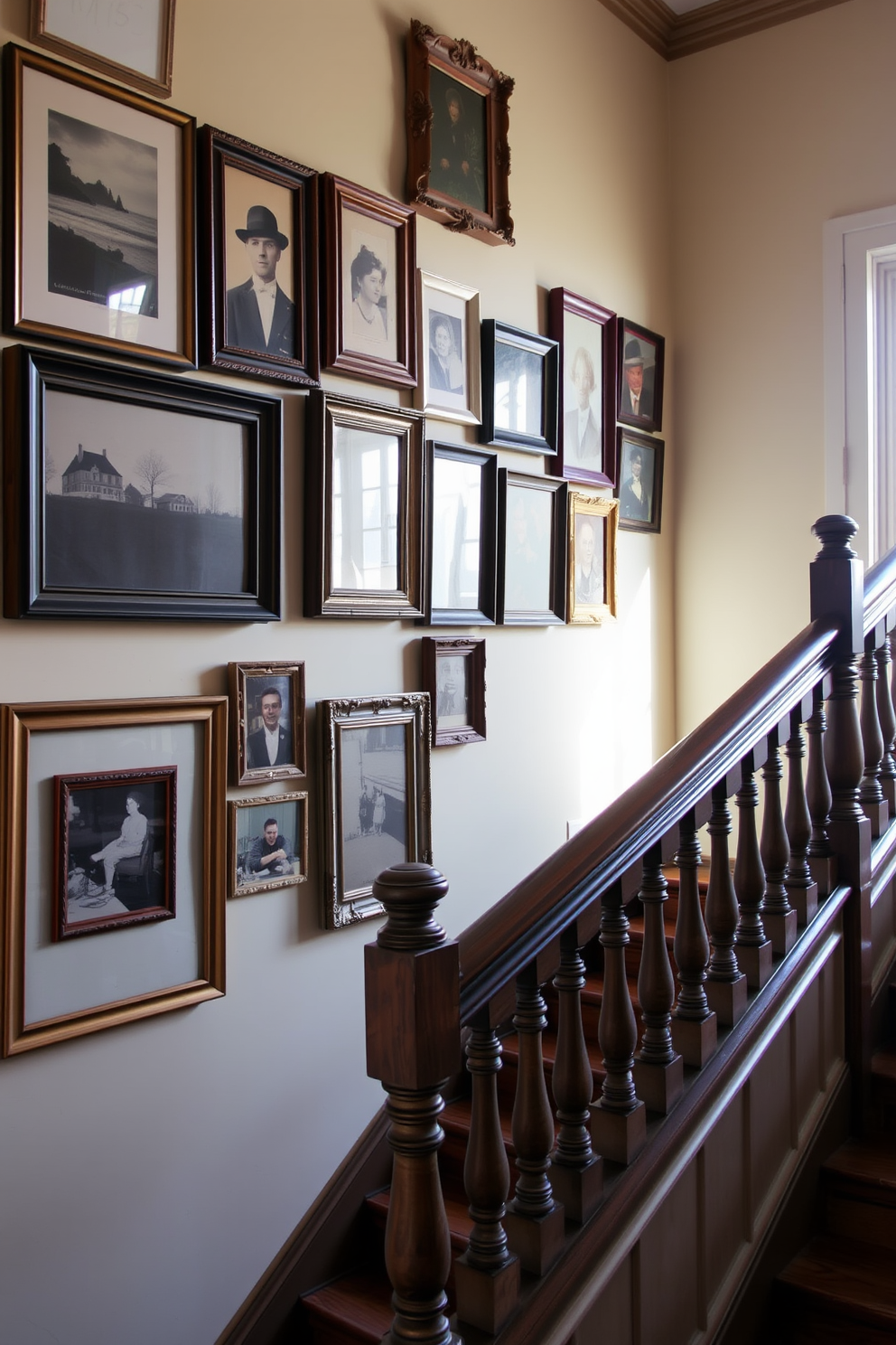 A collection of mismatched vintage picture frames adorns the wall, showcasing a variety of art styles and photographs. The frames are in different colors and finishes, creating an eclectic yet cohesive gallery that adds character to the room. The vintage staircase features ornate wooden balusters and a richly stained handrail that complements the aged wood steps. Natural light filters through a nearby window, highlighting the intricate details and inviting a warm ambiance to the space.