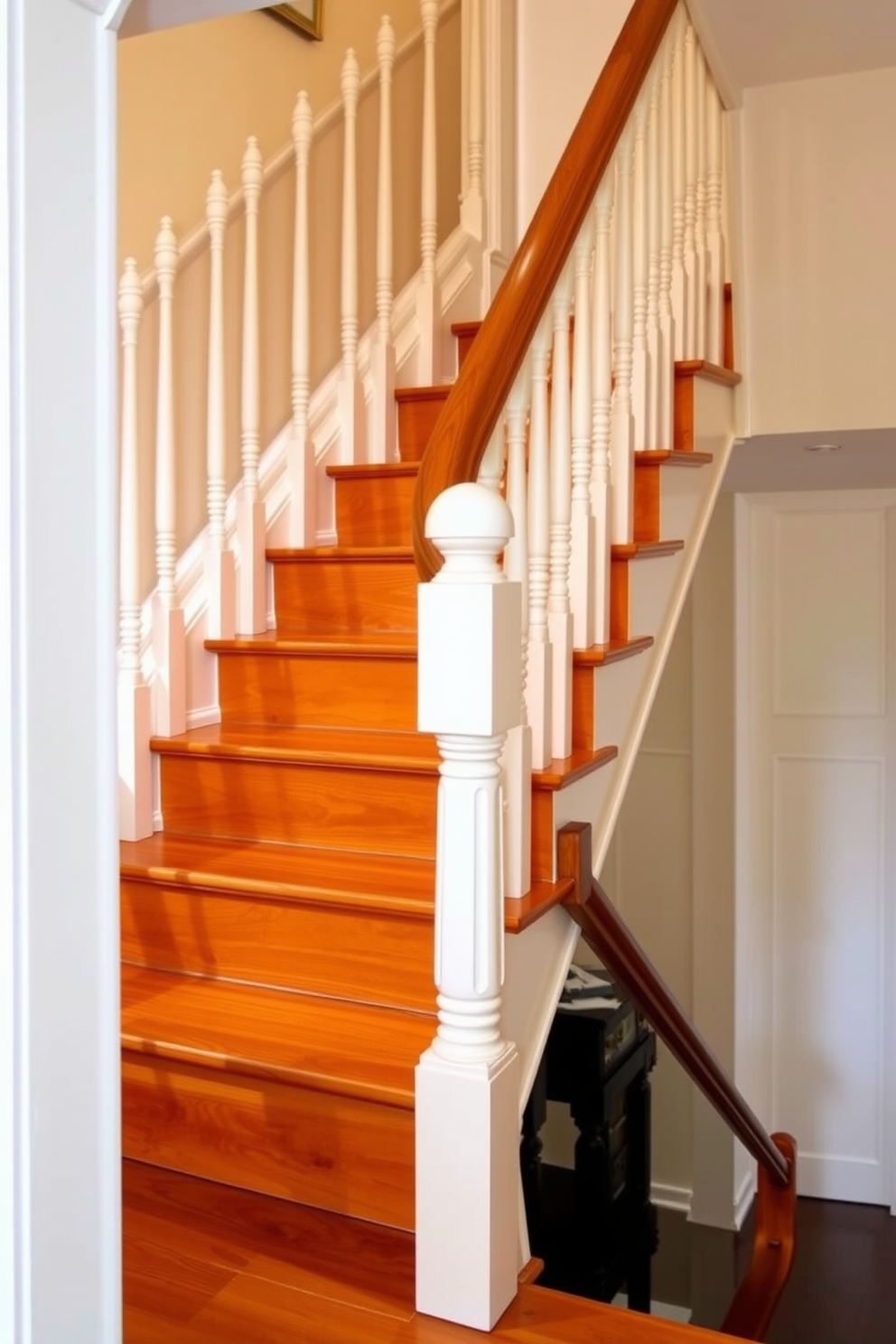 A classic spindle railing painted white gracefully frames a vintage staircase that exudes timeless charm. The warm wooden steps are complemented by intricate detailing on the railing, creating an inviting focal point in the home. The staircase features a rich, polished wood finish that contrasts beautifully with the white spindles. Soft lighting highlights the elegance of the design, enhancing the vintage aesthetic and creating a warm ambiance.