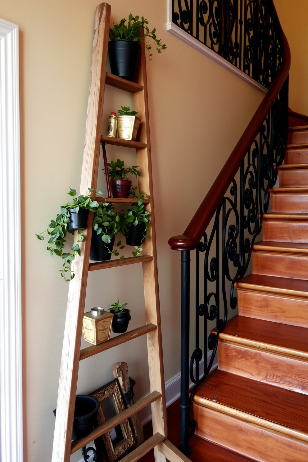 A vintage wooden ladder leans against the wall, adorned with potted plants and rustic decor items. The ladder's weathered finish complements the warm tones of the surrounding space, creating a charming focal point. The staircase features intricate wrought iron railings and rich wooden steps that exude elegance. Soft lighting illuminates the staircase, highlighting its vintage character and inviting atmosphere.