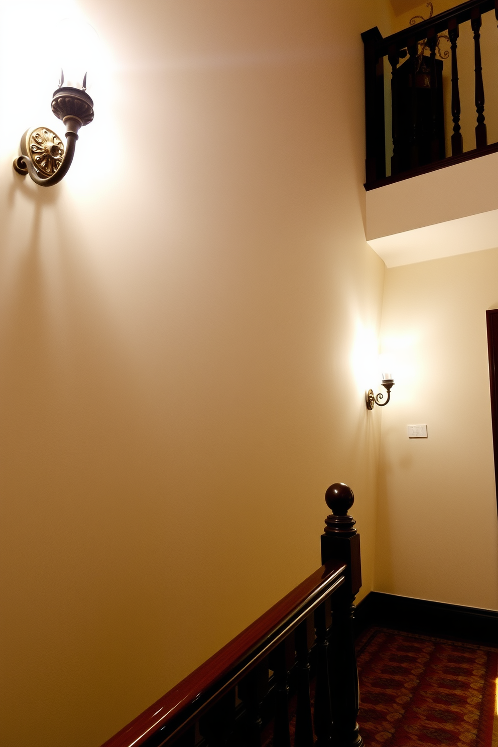 Soft lighting casts a warm glow throughout the space, enhancing the intricate details of the vintage staircase. The staircase features ornate wooden balusters and a polished handrail, complemented by a richly patterned runner that adds a touch of elegance. The vintage sconces are mounted on the walls, providing ambient light that highlights the staircase's architectural beauty. Each sconce has a decorative design, adding character and charm to the overall atmosphere of the home.