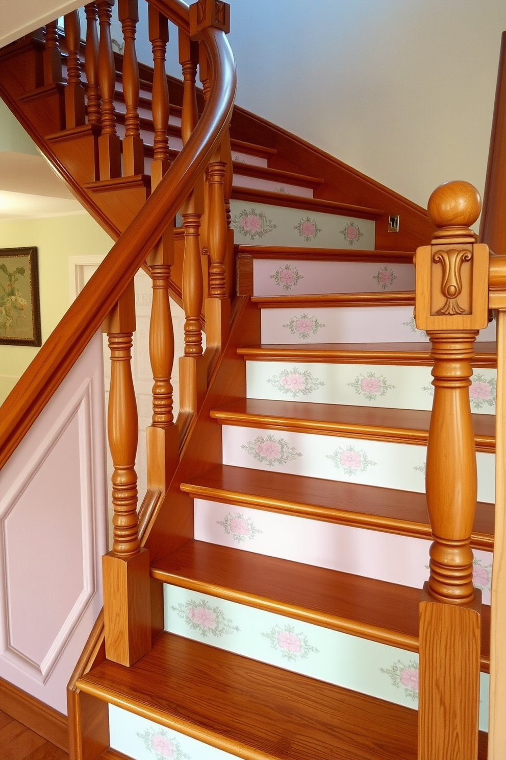 A vintage staircase with painted risers in soft pastel colors creates a charming focal point in the home. The risers feature delicate floral patterns that complement the warm wood tones of the staircase. The balustrades are intricately carved, showcasing a timeless elegance that enhances the overall design. Soft lighting casts a warm glow, highlighting the unique details of the staircase and inviting guests to explore further.