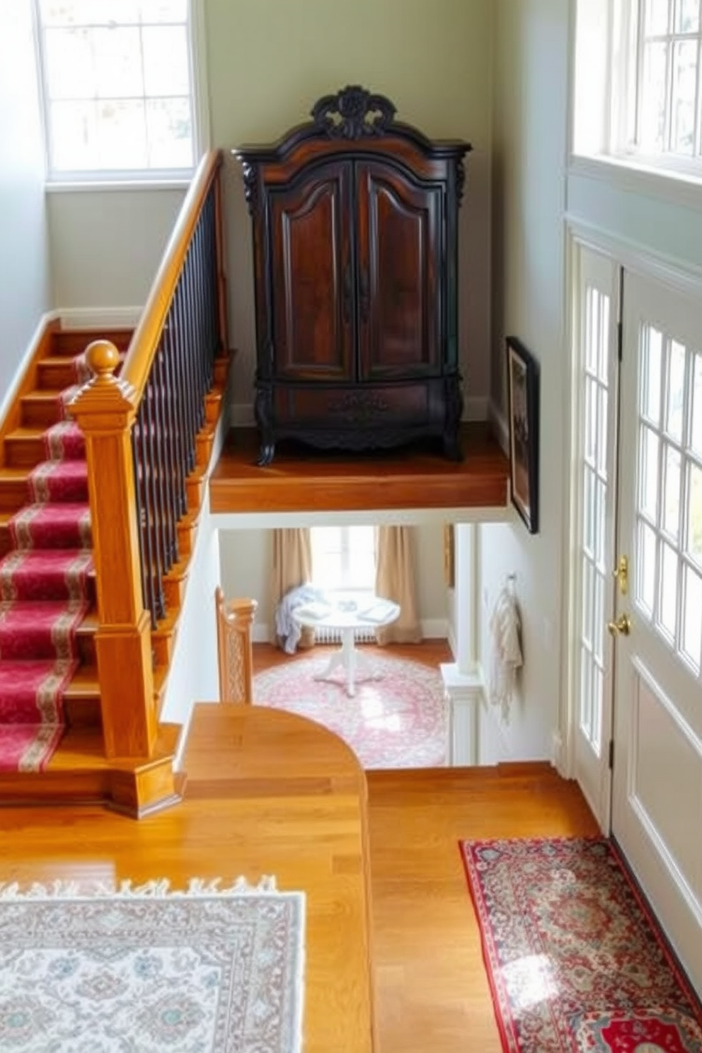 A staircase landing adorned with an elegant antique furniture piece serves as a focal point in the space. The warm wood tones of the staircase contrast beautifully with the intricate details of the vintage furniture, creating a timeless atmosphere. Natural light floods the landing through a large window, highlighting the rich textures and colors of the decor. Soft area rugs complement the antique piece, adding warmth and inviting comfort to the design.