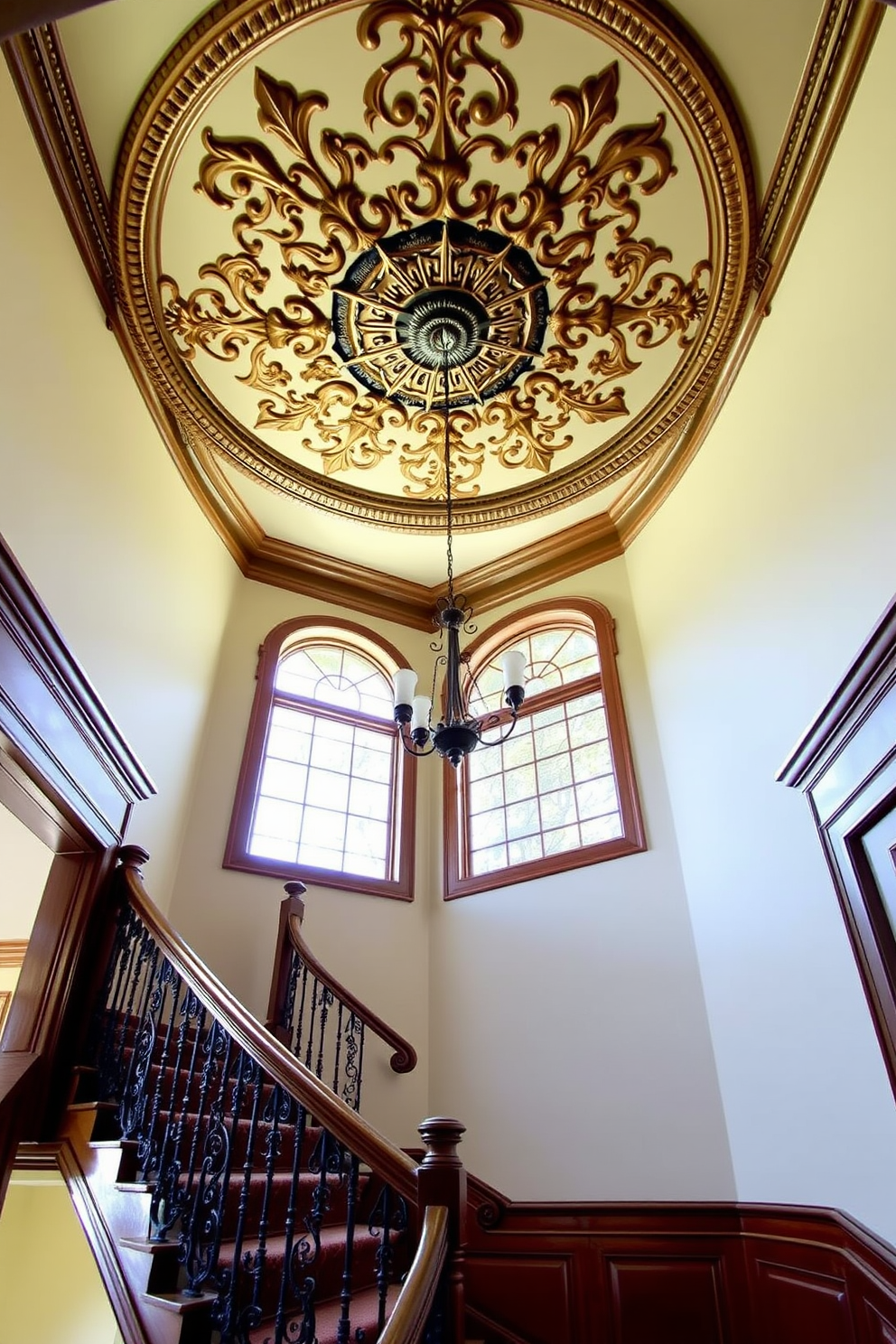 A stunning decorative ceiling medallion adorns the entryway above the grand staircase. The vintage staircase features intricate woodwork with a rich mahogany finish and elegant wrought iron balusters.