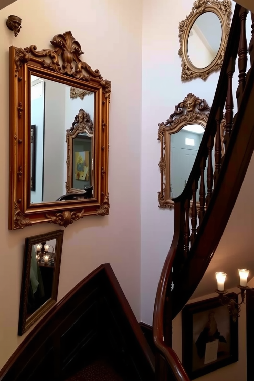 Framed vintage mirrors adorn the walls of a grand staircase, reflecting the elegance of the space. The staircase features intricate woodwork, with a rich mahogany finish that complements the vintage aesthetic. Soft, ambient lighting highlights the vintage mirrors, creating a warm and inviting atmosphere. The walls are painted in a soft cream color, enhancing the classic charm of the staircase design.