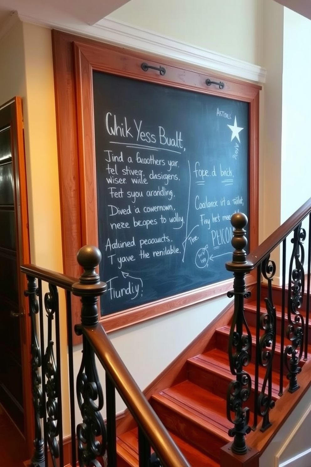 A chalkboard wall serves as a creative canvas for messages and artwork, adding a playful touch to the room. The wall is framed with rustic wood trim, enhancing its charm and inviting personal expression. The vintage staircase features ornate wrought iron railings and rich wooden steps, exuding elegance and character. Soft lighting highlights the intricate details, creating a warm and inviting atmosphere.