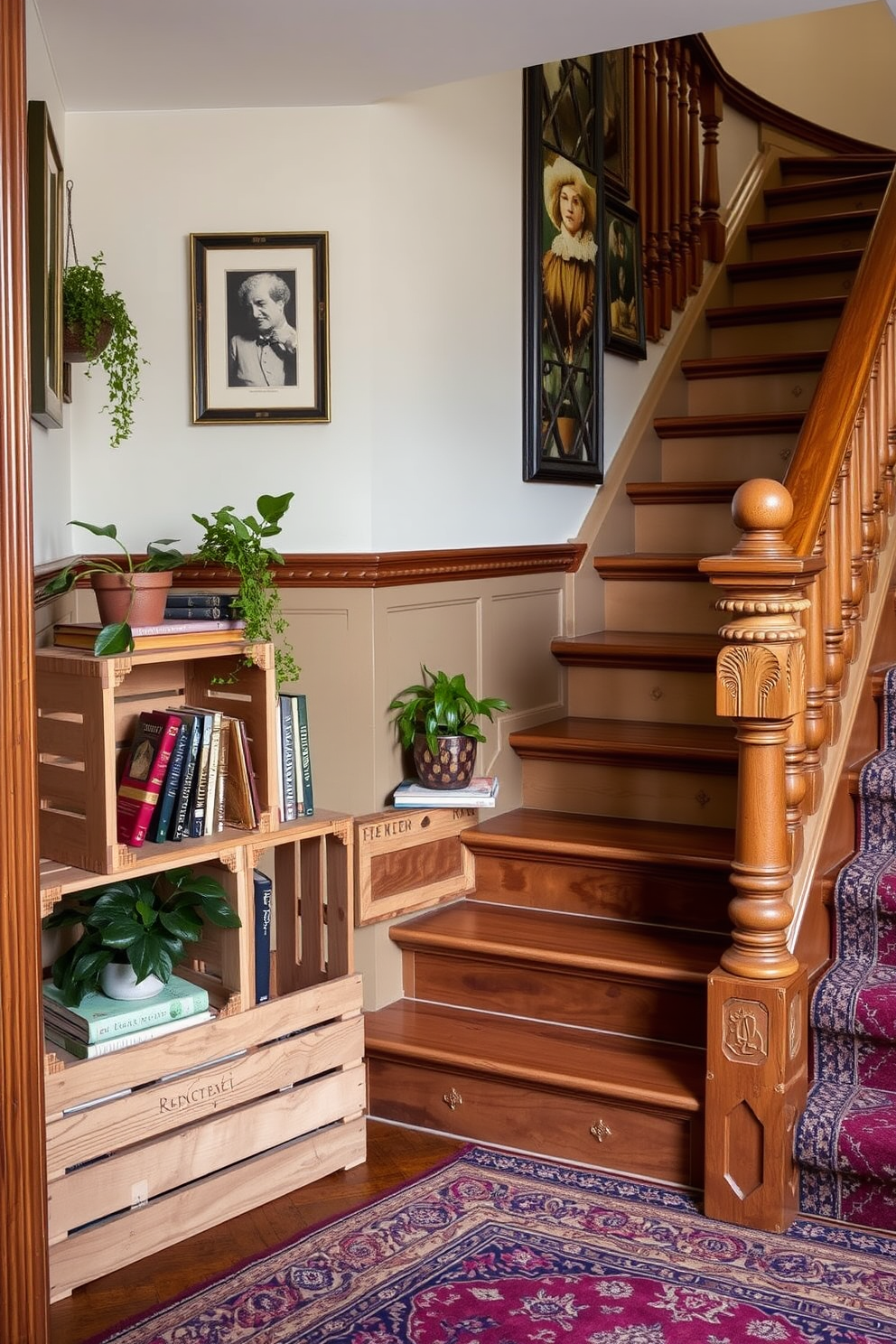 A charming interior featuring repurposed wooden crates used as stylish storage solutions. The crates are stacked creatively in a cozy corner, adorned with plants and books for a rustic touch. An elegant vintage staircase with intricate wooden railings and a polished banister. The steps are covered in a rich, patterned carpet that adds warmth and character to the space.