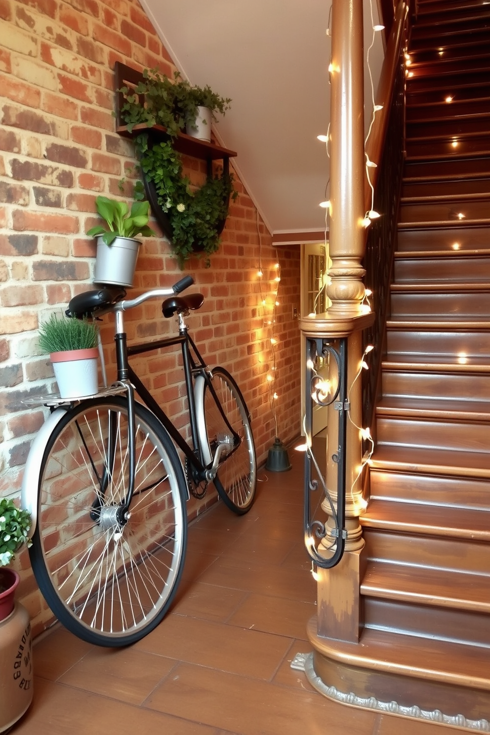 A vintage bicycle is creatively displayed as a unique decor piece. It leans against a rustic brick wall, adorned with potted plants and fairy lights for an inviting touch. The vintage staircase features intricate wrought iron railings and polished wooden steps. Soft, warm lighting illuminates the staircase, highlighting its elegant curves and classic design.