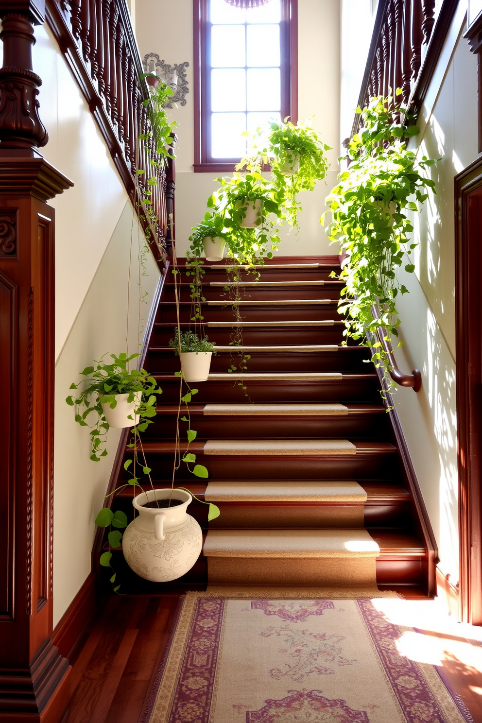 A vintage staircase with ornate wooden railings and a rich mahogany finish leads up to a sunlit landing. Hanging from the steps are lush green plants in vintage ceramic pots, adding a touch of nature and elegance to the space. The staircase features intricate carvings and a soft runner rug that complements the vintage aesthetic. The hanging plants create a cascading effect, enhancing the charm and inviting atmosphere of the staircase.