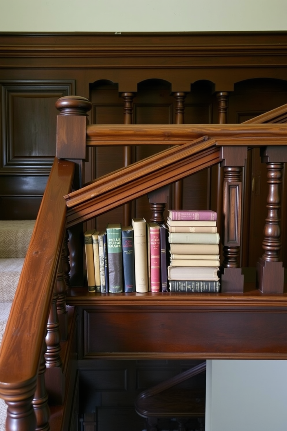 A vintage staircase featuring intricate wooden railings with old books stacked neatly along the railing. The staircase is adorned with a rich, dark wood finish and a plush runner that adds warmth and character.