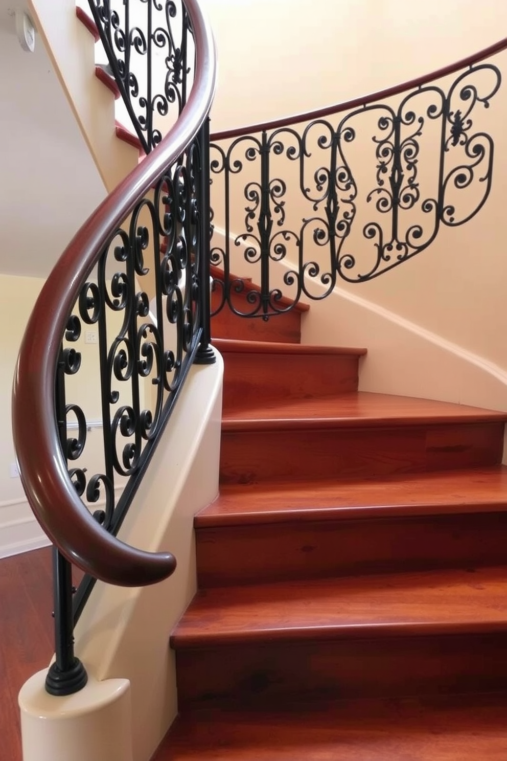 A vintage staircase with a wrought iron railing featuring intricate patterns winds gracefully upward. The wooden steps are polished to a rich shine, contrasting beautifully with the detailed black ironwork that adds elegance and charm to the space.