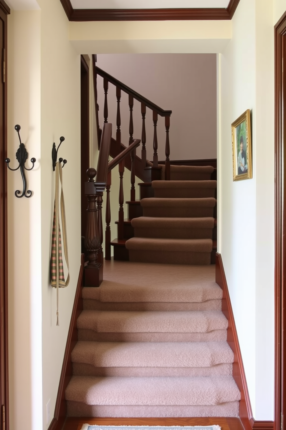 Vintage coat hooks are mounted on the wall near the staircase, adding a charming and functional touch to the entryway. The staircase features ornate wooden balusters and a rich mahogany handrail, creating an inviting and elegant focal point. The walls surrounding the staircase are painted in a soft cream color, enhancing the vintage aesthetic. A plush runner in muted tones runs down the center of the staircase, providing warmth and comfort underfoot.