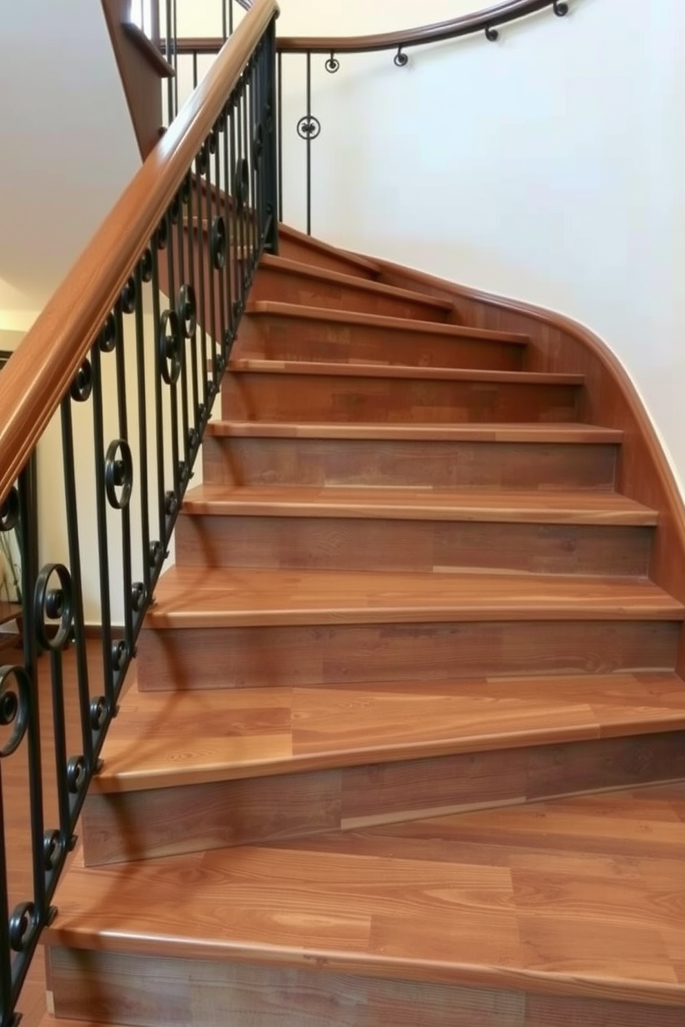 A vintage staircase featuring reclaimed wood treads adds rustic charm to any home. The treads are beautifully weathered, showcasing unique grain patterns and textures that enhance the overall aesthetic. The staircase is complemented by wrought iron railings that provide a classic contrast. Soft, warm lighting illuminates the space, highlighting the natural beauty of the wood and creating an inviting atmosphere.