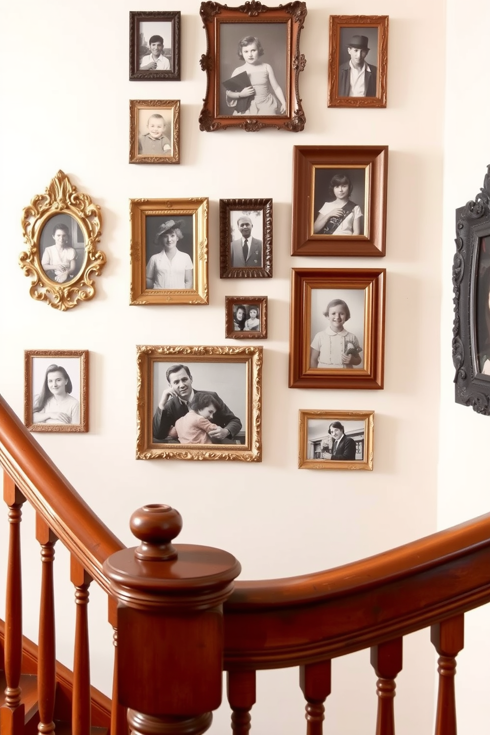 A gallery wall adorned with vintage family photos creates a warm and inviting atmosphere. The frames are a mix of ornate gold and rustic wood, showcasing cherished memories in various sizes. The vintage staircase features a beautifully crafted wooden banister with intricate details. Soft, warm lighting highlights the rich tones of the wood and the elegant curves of the staircase design.