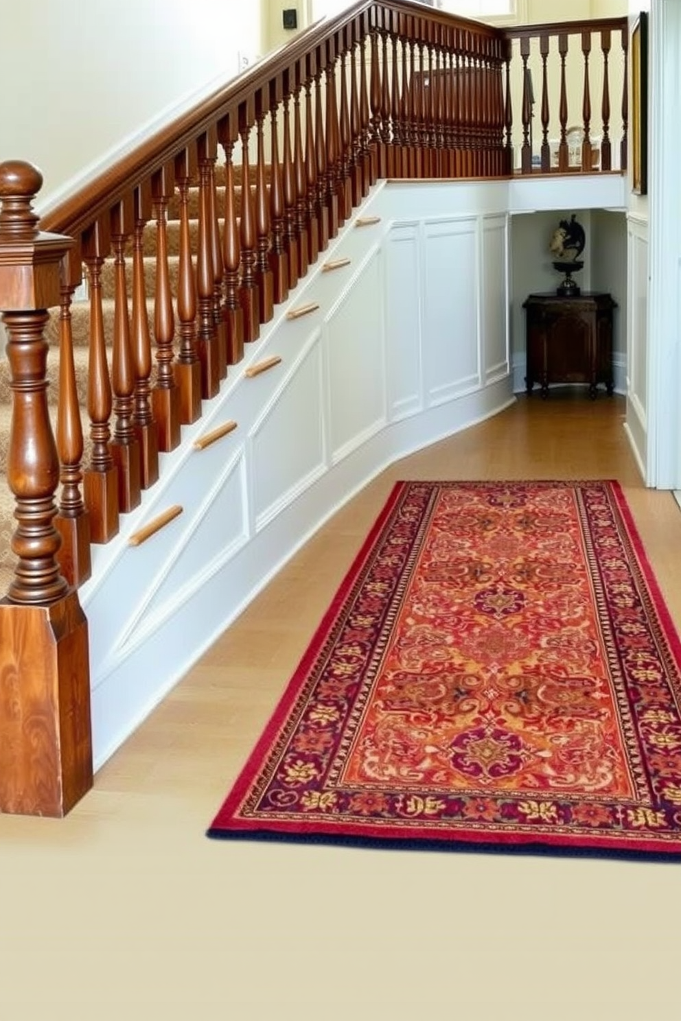 Antique runner rug for added warmth. The rug features intricate patterns in rich colors that complement the surrounding decor. Vintage staircase design ideas. The staircase showcases elegant wooden balusters and a polished handrail, creating a classic and inviting atmosphere.