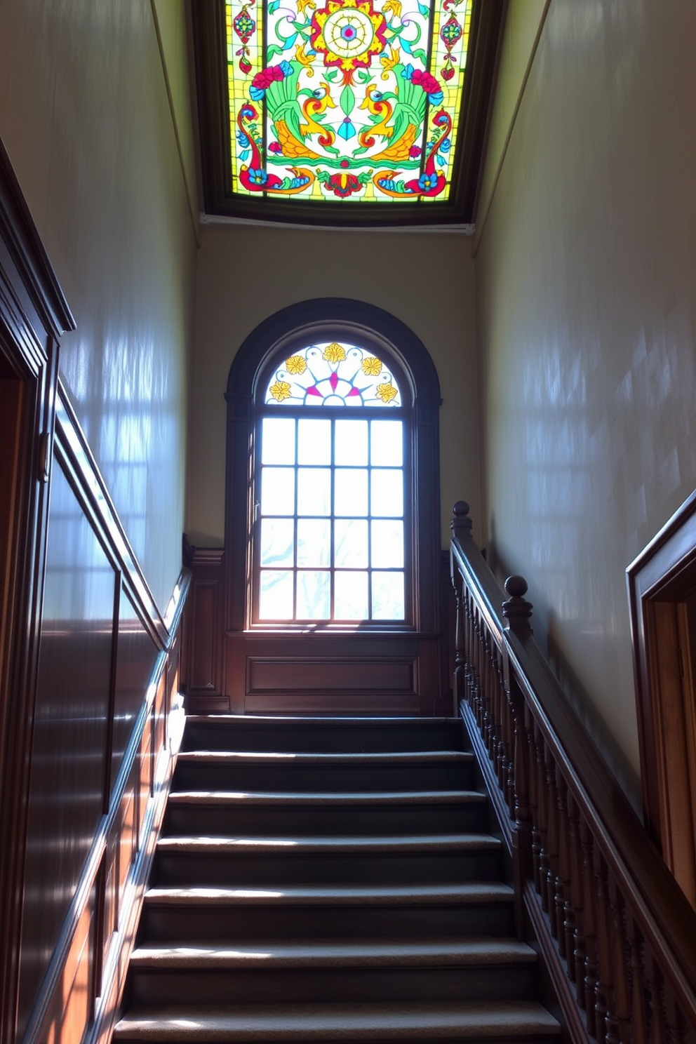 A vintage staircase with intricate woodwork and a polished banister leads to an upper landing. Above the staircase, a stunning stained glass window filters colorful light into the space, creating a warm and inviting atmosphere.