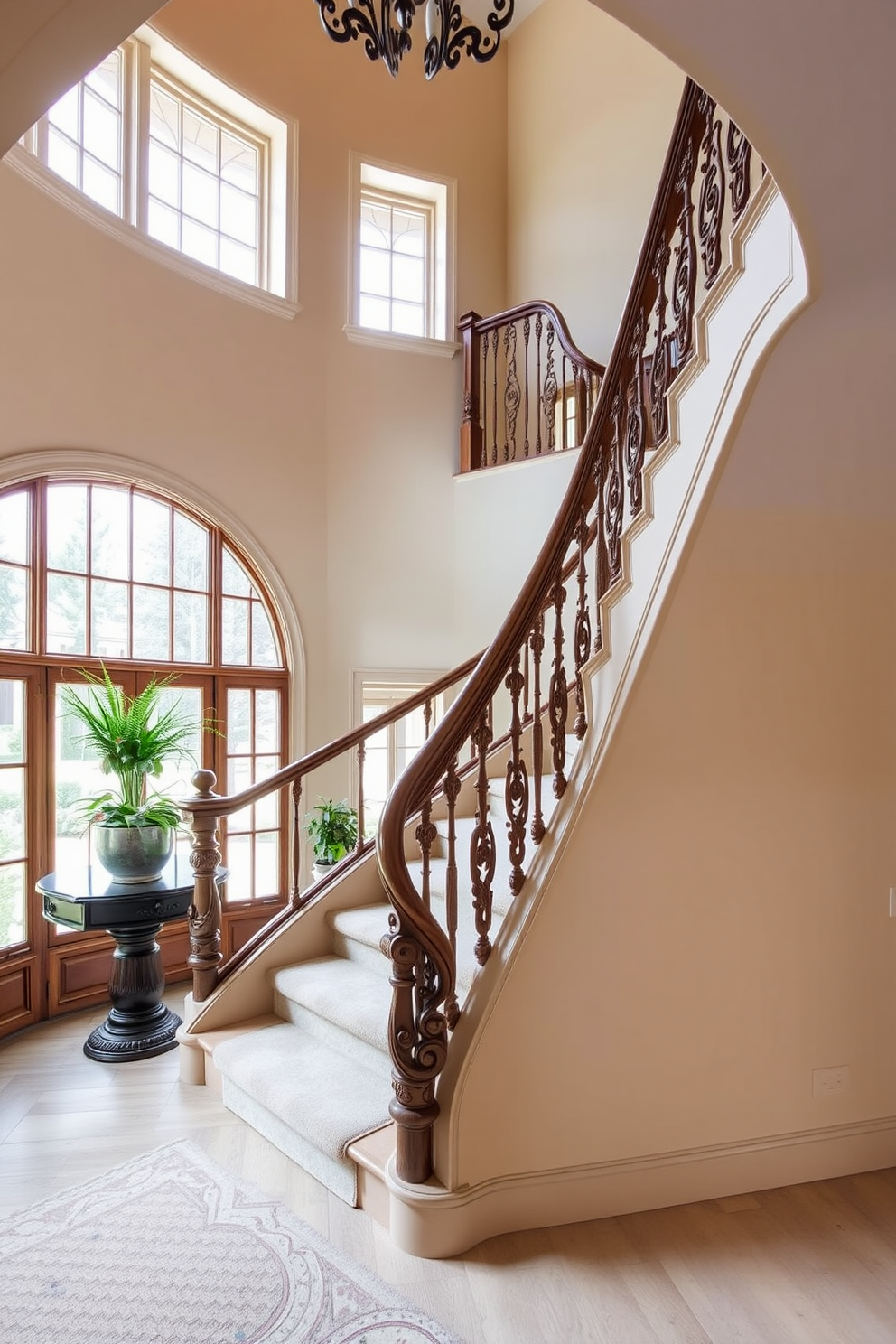 A stunning curved staircase with an ornate handrail gracefully sweeps upward, creating a focal point in the entryway. The handrail is intricately carved, showcasing craftsmanship that complements the elegant architecture of the home. The staircase is adorned with a plush runner that adds warmth and color, guiding visitors as they ascend. Surrounding the staircase, large windows allow natural light to flood the space, highlighting the beautiful details of the vintage design.