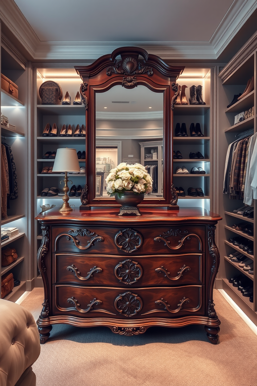 Elegant antique dresser as centerpiece. The dresser is adorned with intricate carvings and a polished finish, reflecting the charm of classic design. Surrounding the dresser, the walk-in closet features soft ambient lighting that highlights the rich textures of the fabrics. Shelves are filled with neatly arranged shoes and accessories, creating an inviting and organized space.