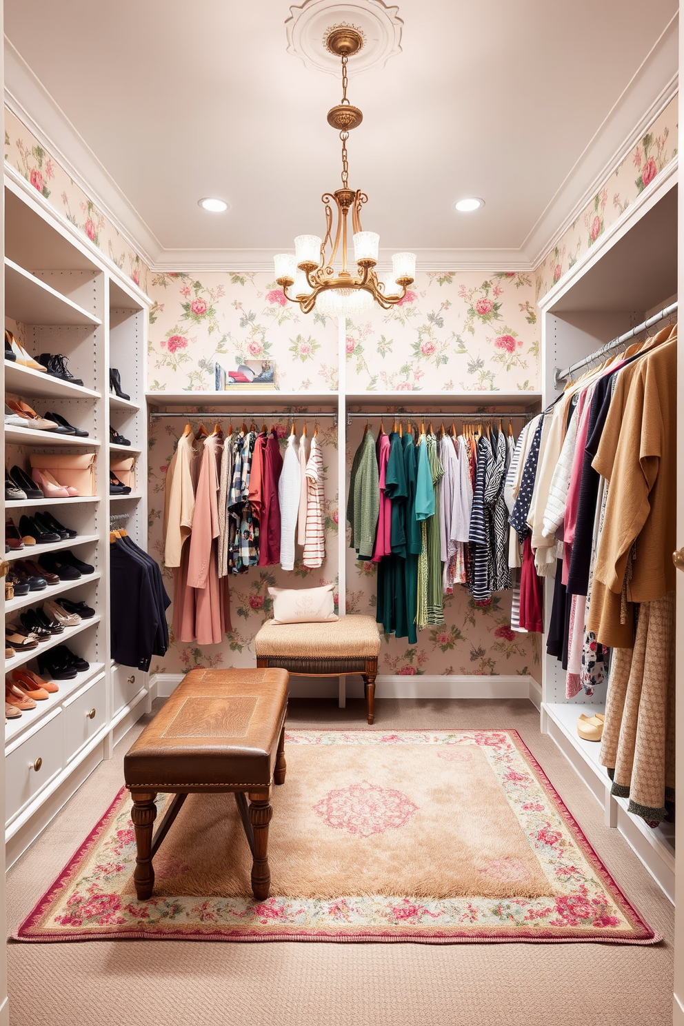 A vintage walk-in closet adorned with delicate floral accents creates a charming and inviting atmosphere. The walls are painted in soft pastel hues, and the shelving is decorated with elegant floral wallpaper, showcasing a collection of carefully arranged shoes and accessories. A plush area rug featuring subtle floral patterns lies beneath a beautifully crafted wooden bench. Elegant lighting fixtures with floral designs illuminate the space, while hanging racks display an array of clothing in harmonious colors, enhancing the overall vintage aesthetic.