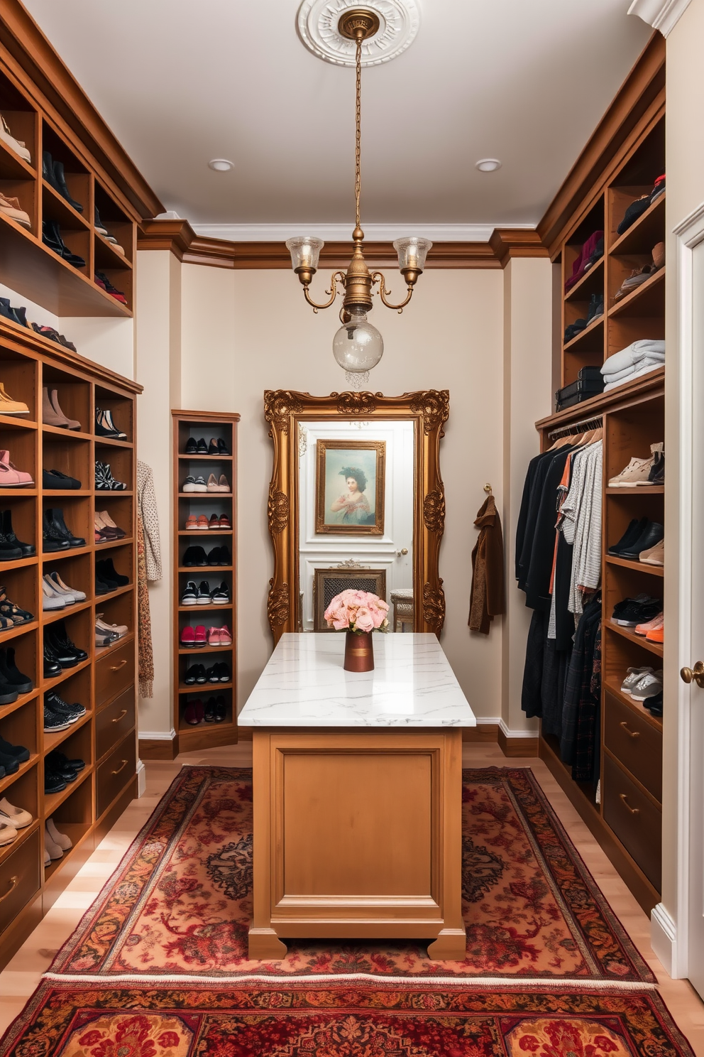 A cozy walk-in closet adorned with faded vintage rugs that add warmth and comfort to the space. The walls are painted in a soft cream color, and elegant wooden shelving displays an organized collection of shoes and accessories. A central island with a marble top serves as a functional workspace, surrounded by stylish hanging lights. The closet features a full-length mirror framed in antique gold, enhancing the vintage charm of the design.