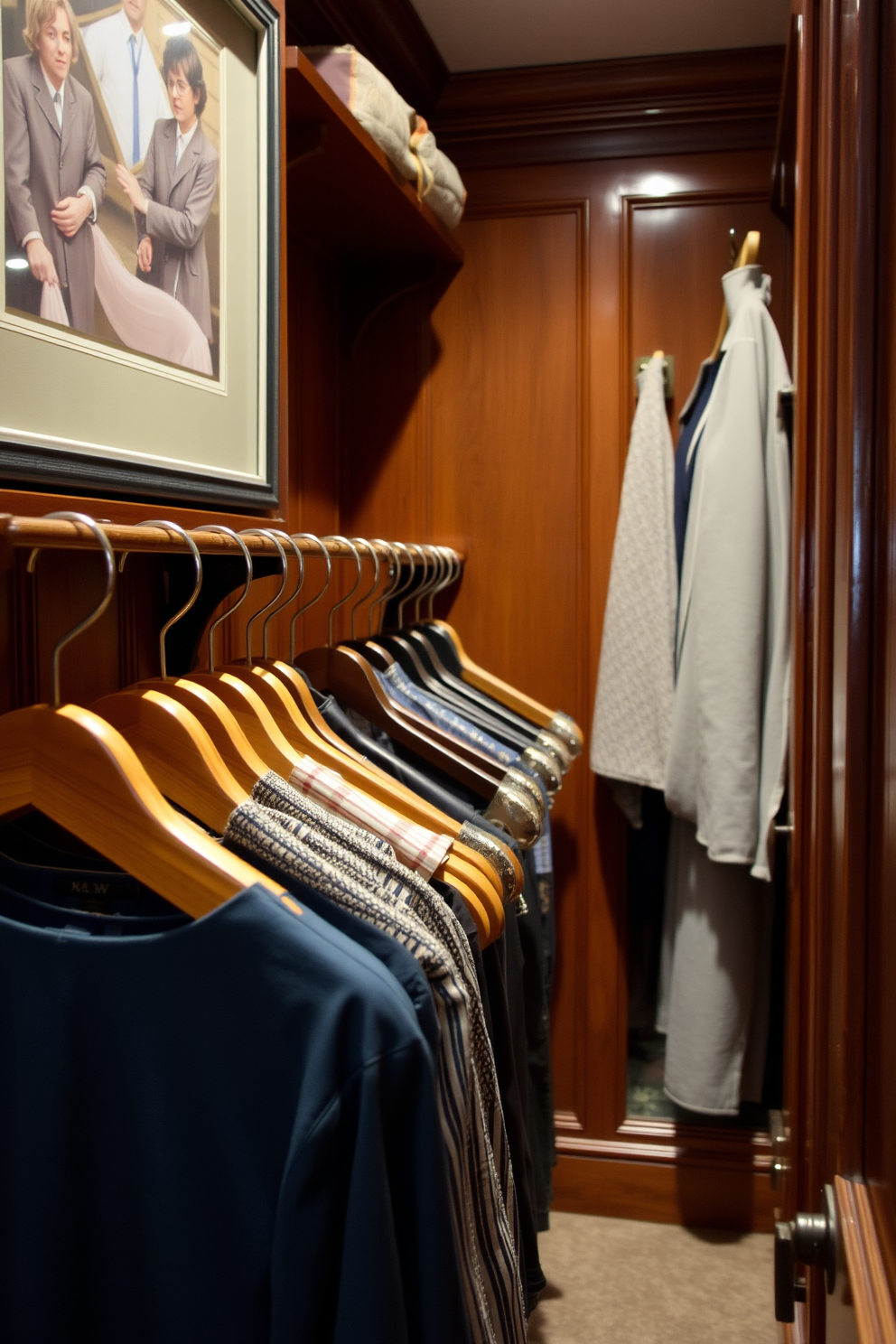 A vintage walk-in closet featuring old-fashioned clothes hangers beautifully arranged. The space is adorned with rich wood paneling and soft lighting that creates an inviting atmosphere.