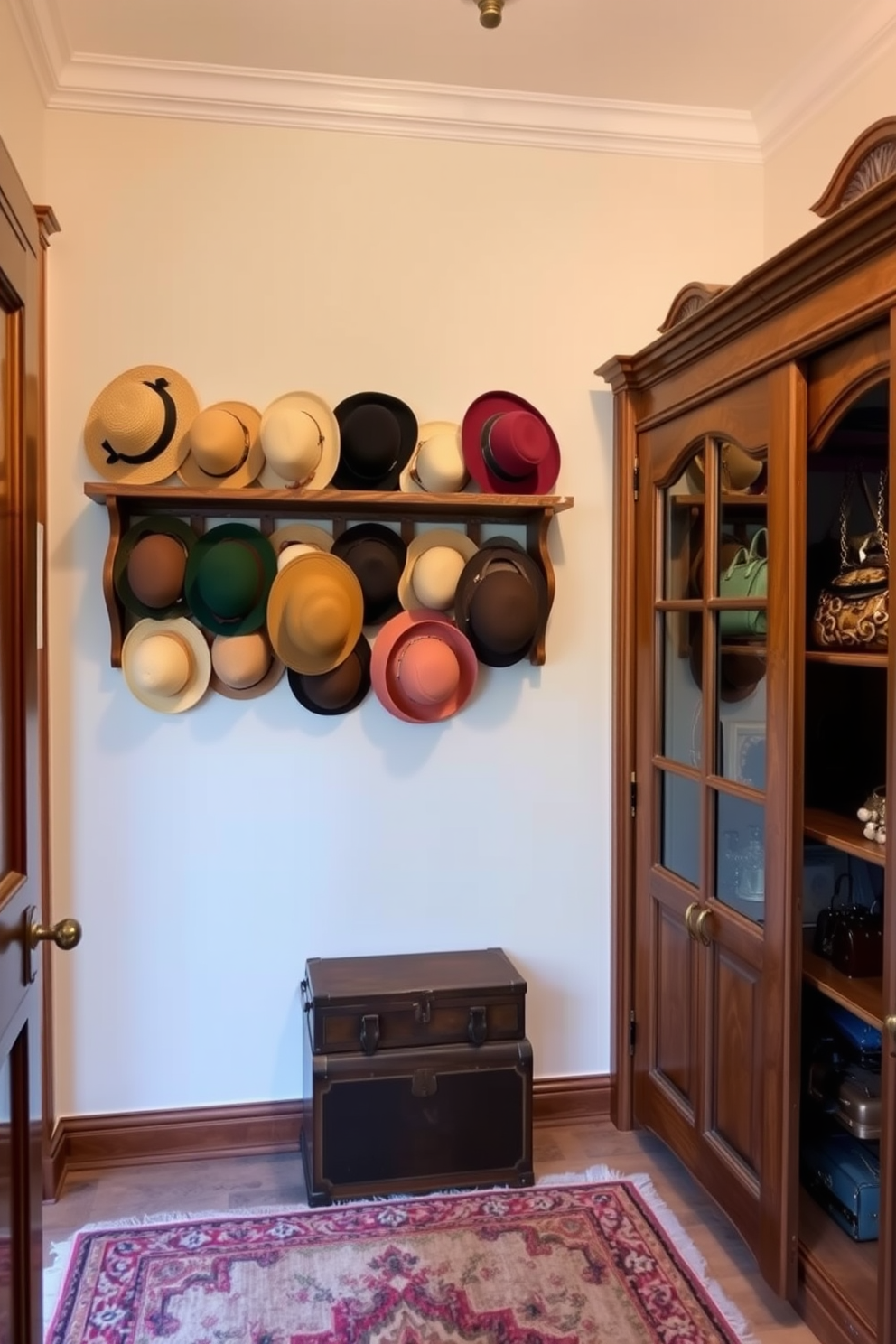 A charming vintage hat display area features a rustic wooden shelf adorned with an array of colorful hats. The backdrop is painted in a soft pastel hue, and a vintage hat box sits elegantly below, adding to the nostalgic charm. The vintage walk-in closet design includes elegant wooden cabinetry with intricate detailing and a plush area rug underfoot. Soft lighting illuminates the space, highlighting a collection of vintage handbags and accessories displayed on open shelves.