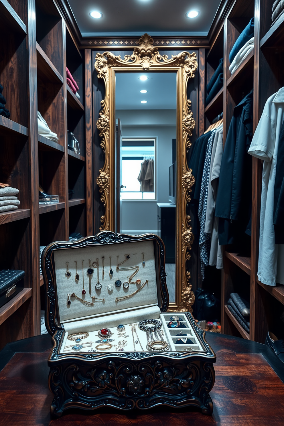 Antique jewelry box for accessories. The box is intricately carved with floral patterns and features a rich mahogany finish, showcasing a collection of elegant rings, necklaces, and bracelets inside. Vintage Walk-In-Closet Design Ideas. The closet is lined with reclaimed wood shelves and features a full-length mirror framed in ornate gold, with soft ambient lighting illuminating the space to highlight a curated selection of stylish clothing and accessories.