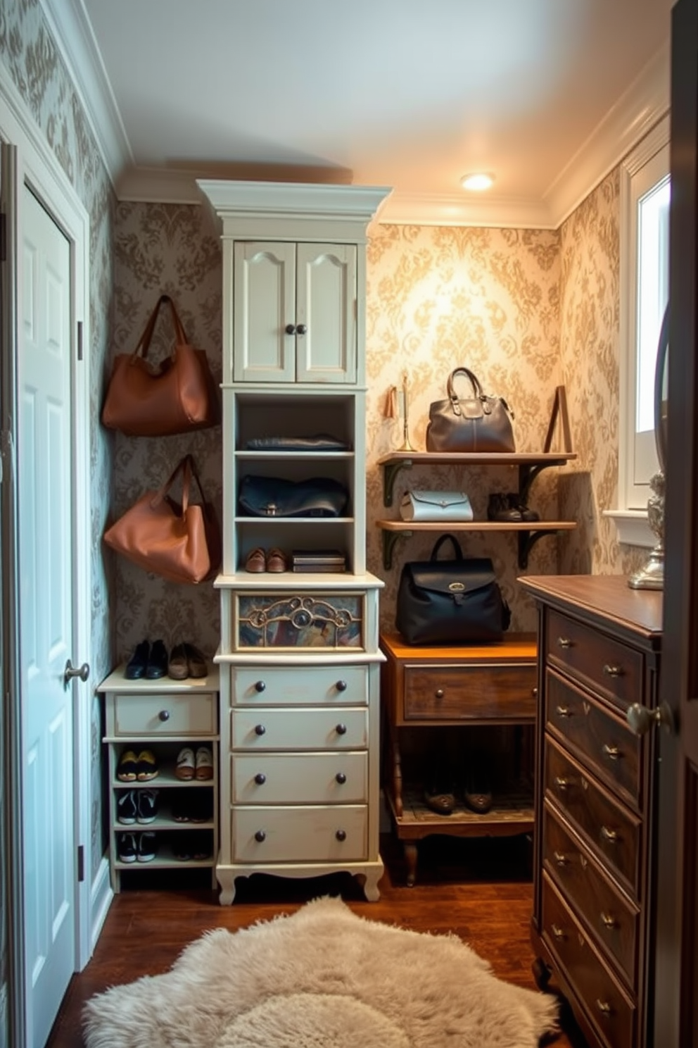 A vintage walk-in closet featuring repurposed furniture as closet organizers. The space showcases an antique dresser transformed into a shoe storage unit, complemented by a reclaimed wood shelving system for bags and accessories. Soft lighting illuminates the area, creating a warm and inviting atmosphere. The walls are adorned with elegant wallpaper, and a plush area rug adds comfort underfoot.