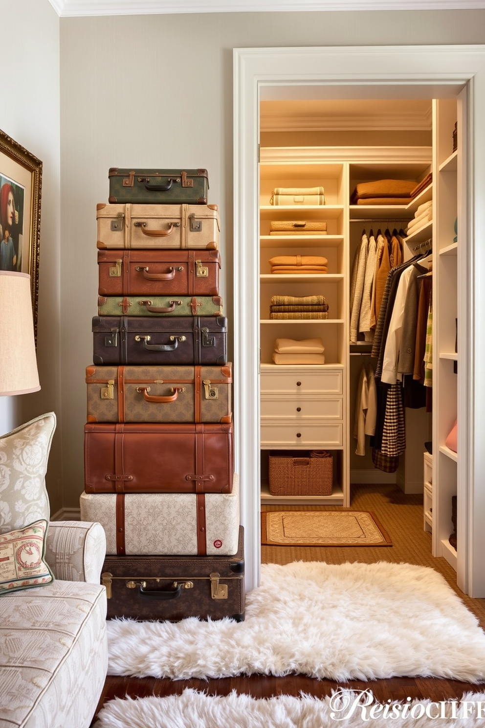 A charming display of vintage suitcases stacked one on top of the other creates a unique decorative element in the room. The suitcases are in various sizes and colors, adding a touch of nostalgia and character to the space. The walk-in closet features elegant shelving and hanging space designed for optimal organization. Soft lighting highlights the rich textures of the fabrics and accessories, while a plush rug underfoot adds warmth and comfort.